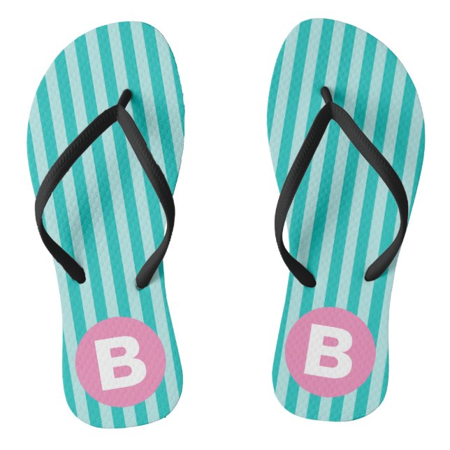 Blaugrüne Vertikal gestreifte rosa Kreis-Monogramm Flip Flops (Fußbett)