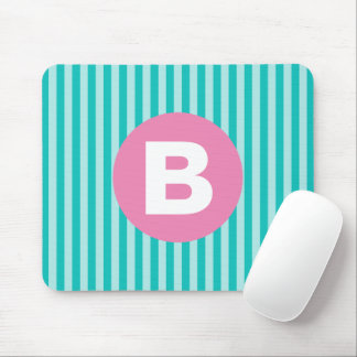 Blaugrüne vertikal gestreifte rosa Kreis-Monogramm Mousepad