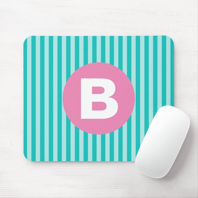 Blaugrüne vertikal gestreifte rosa Kreis-Monogramm Mousepad (Mit Mouse)