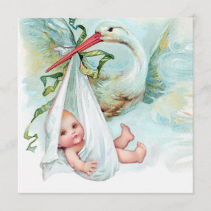 Blaugrüne Vintage-Storch-Baby-Party Einladung