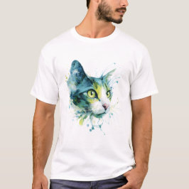 Blaugrüne Wasserfarben-Katzengesicht-Abstraktkunst T-Shirt