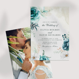 Blaugrüne Wildblumen-Foto-Hochzeitseinladung Einladung