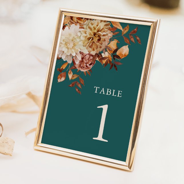 Blaugrüner Herbst Tischnummer (Elegant Teal Fall Floral Table Number Decor by Painted Paperie
)