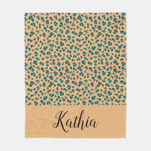 Blaugrüner Leopardenprint Tan Editable Name Fleecedecke