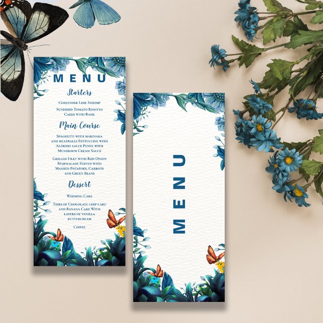 Blaugrüner Schmetterling Empfangs-Dinner  Menükarte (Blue Green Foliage Butterfly Reception Dinner Menu)