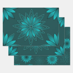 Blaugrünes Blatt-Mandala-Design auf dunklem Cyan Geschenkpapier Set