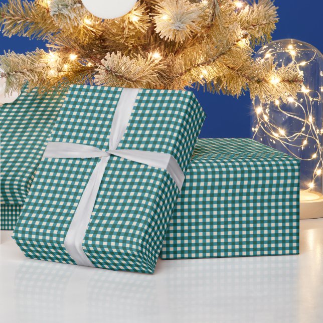 Blaugrünes Gingham-Karo-Festtagsmuster Geschenkpapier (Feiertage)