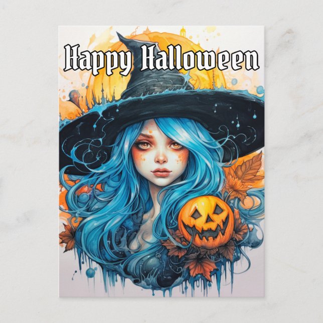 Blauhaarhexe Illustration | Frohe Halloween Postkarte (Vorderseite)