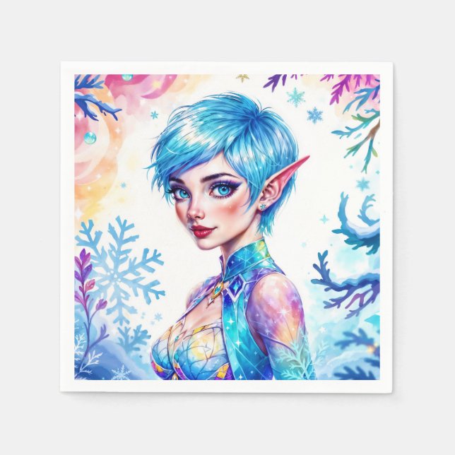 Blauhaarige Elfenzauber Eisprinzen Schneewald Serviette (Vorderseite)