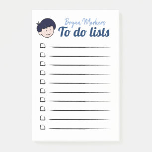 Blauhaarige Junge zu tun Listen Post-it Klebezettel