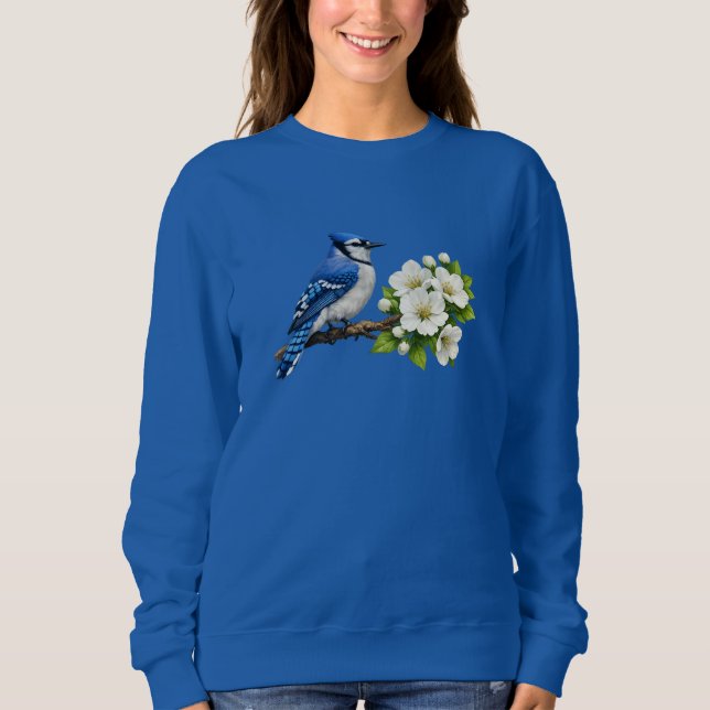 Blauhäher mit weißen Blüten Sweatshirt (Vorderseite)
