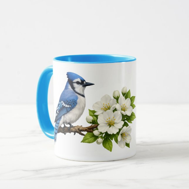 Blauhäher mit weißen Blüten Tasse (Vorderseite Links)