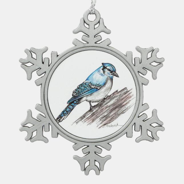 Blauhäher Schneeflocken Zinn-Ornament (Vorderseite)