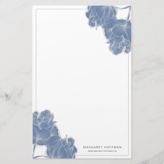 Blauhandgezeichnete Blume Peonies Stationery Briefpapier (Vorderseite)