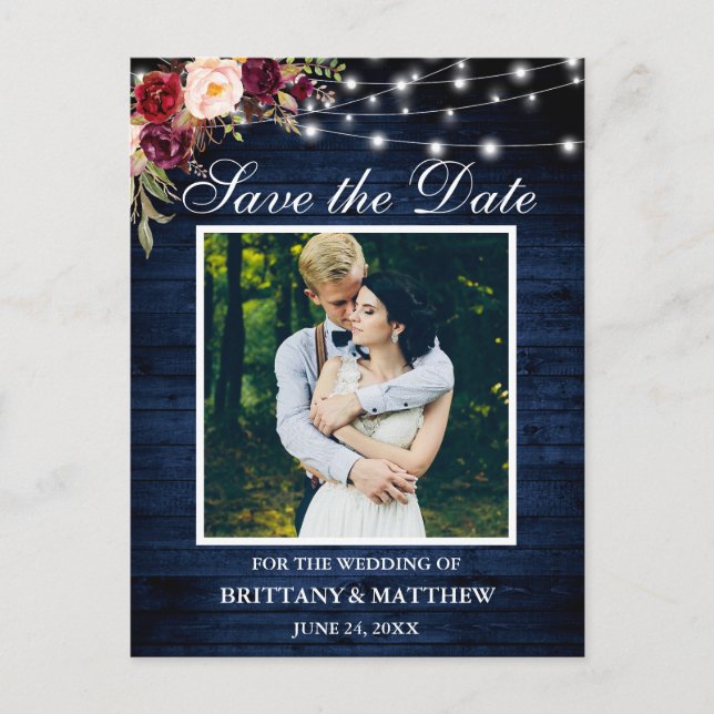 Blauholz-Leuchten Burgundy Floral Save the Date Postkarte (Vorderseite)