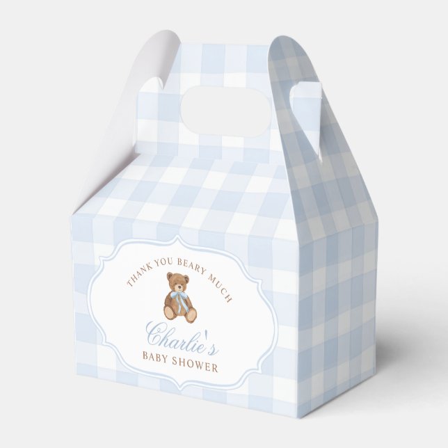 Blaukarierte elegante Teddybär-Baby-Party Geschenkschachtel (Vorderseite)