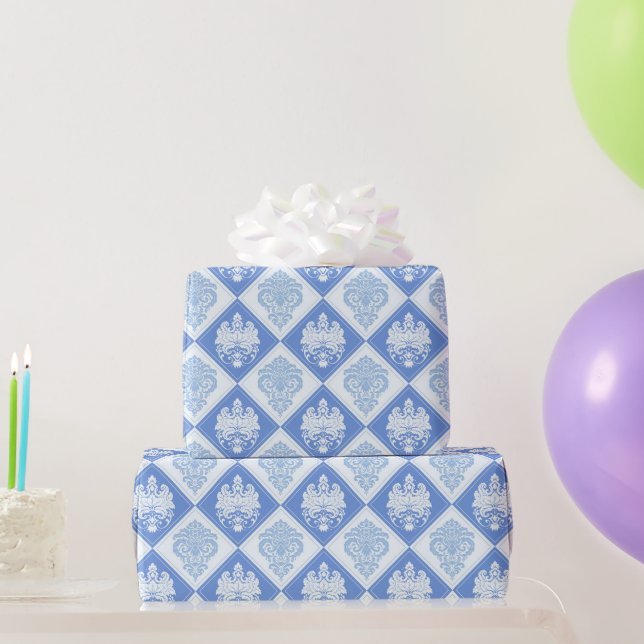 Blaukarierter Damast Geschenkpapier (Partygeschenke)