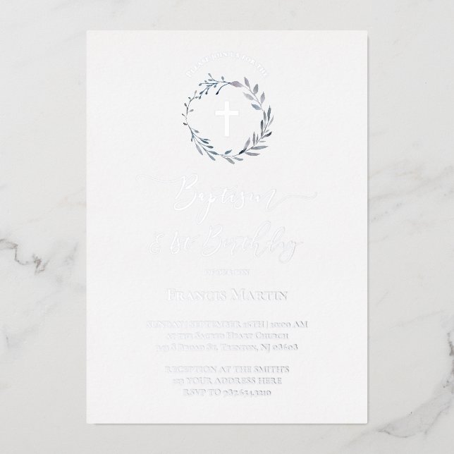 Blaukranz-Taufe und erster Geburtstag Folieneinladung (Vorderseite)