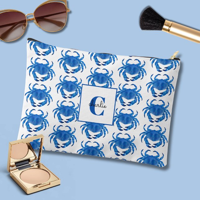 Blaukrebsmuster Zubehörtasche (Blue coastal crab large accessory pouch - personalize with your own name & initial.)