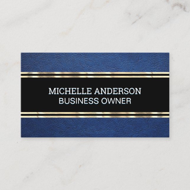 Blauledertextur | Gold Trim Metallic Foil Visitenkarte (Vorderseite)