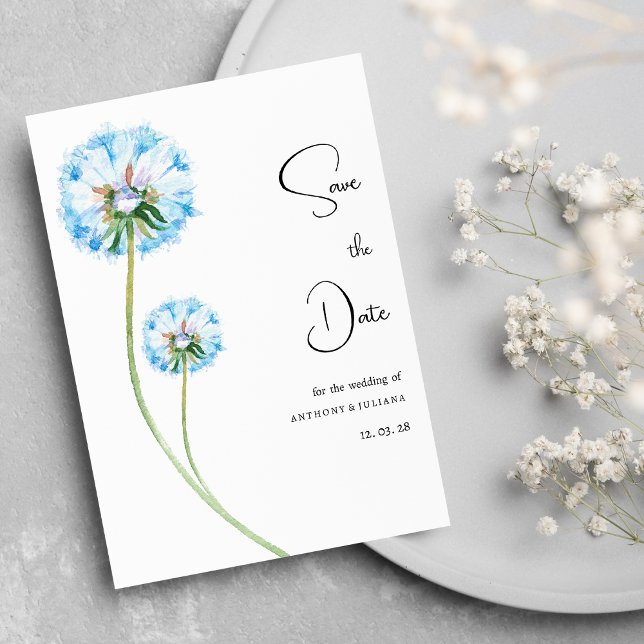Blaulila-grüne Leuchte mit Blumenbezug Save the Da Einladung (Blue lilac green dandelion floral Save the Date)