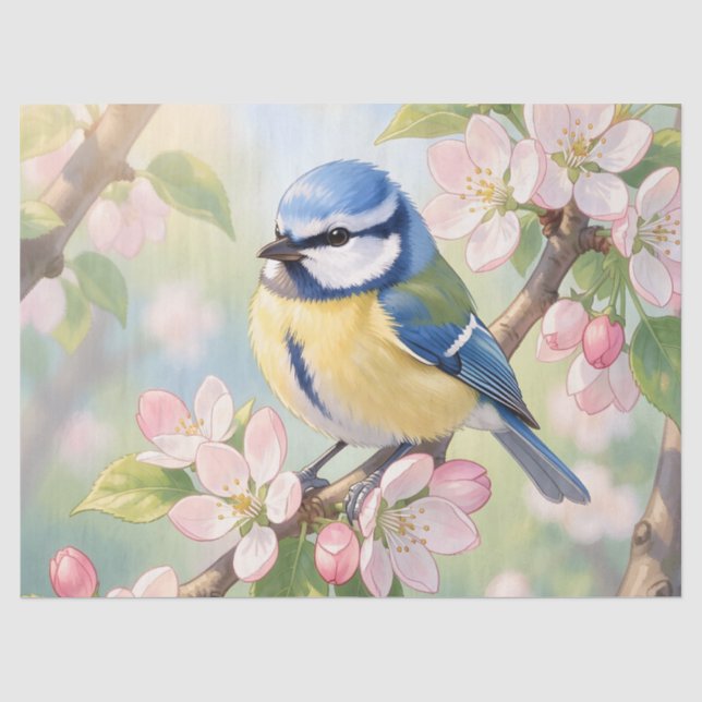 Blaumeise auf Apfelbaum-Frühlingsdecoupage Seidenpapier (Vorderseite)