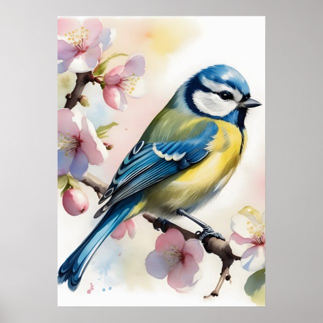 Blaumeise auf Apfelbaum im Frühling, Aquarell Poster (Vorne)