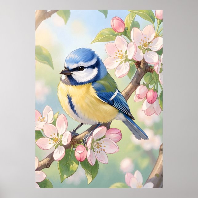Blaumeise auf Apfelbaum im Wasserfarbenstil Frühli Poster (Vorne)
