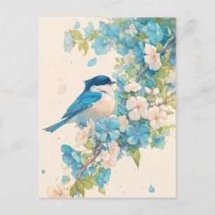 Blaumeise auf blühendem Frühlingszweig Postkarte