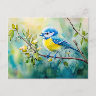 Blaumeise auf einem Aquarellbild Postkarte