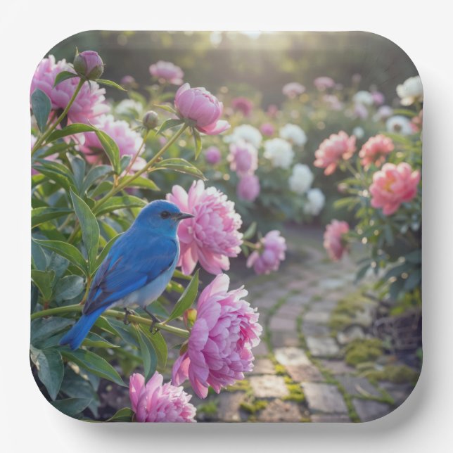 Blaumeise auf einer rosa Pfingstrose Pappteller (Vorderseite)