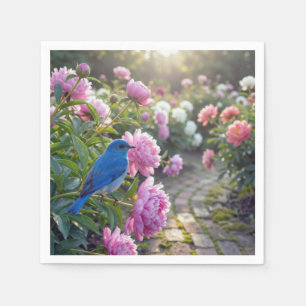 Blaumeise auf einer rosa Pfingstrose Serviette
