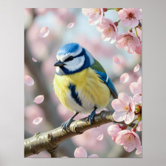 Blaumeise auf Kirschblütenbaum Frühling Poster