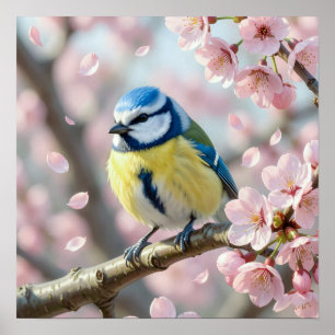 Blaumeise auf Kirschblütenbaum im Frühling Poster