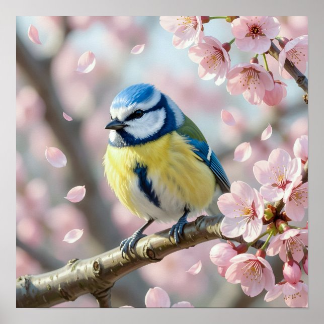 Blaumeise auf Kirschblütenbaum im Frühling Poster (Vorne)