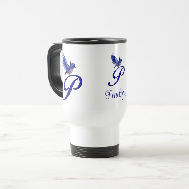 Blaumeise-Monogramm Anfangsbuchstabe P Elegantes P Reisebecher (Vorderseite Links)