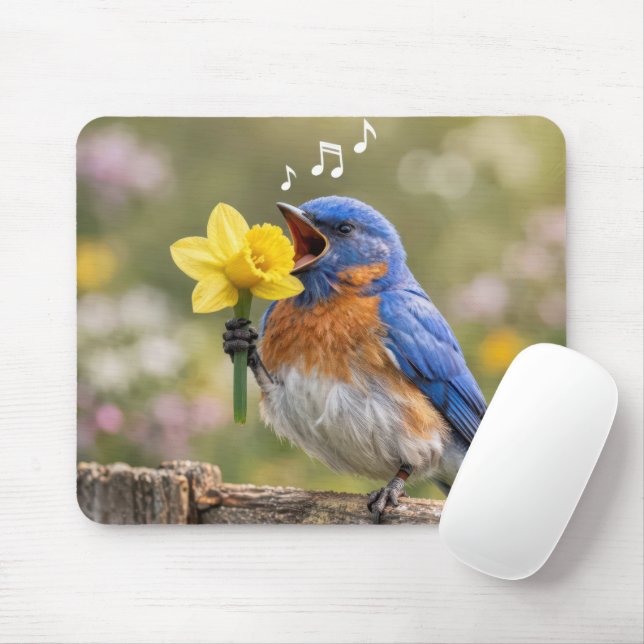 Blaumeise singt in eine gelbe Daffodil Mousepad (Mit Mouse)