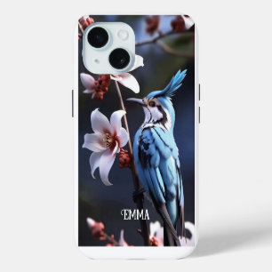 Blaumeise und Blumen Benutzerdefinierter Name iPhone 15 Hülle
