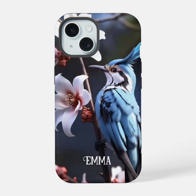 Blaumeise und Blumen Benutzerdefinierter Name iPhone 15 Hülle (Rückseite)