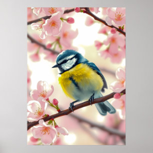 Blaumeise-Wasserfarbenbild auf Apfelbaum-Frühlings Poster