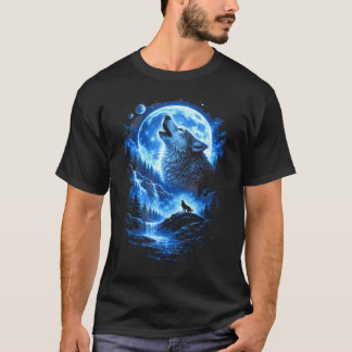Blaumond Heulender Wolf Wald Wasserfall Nachthimme T-Shirt