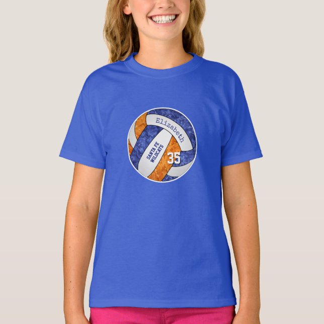 Blauorange-Mädchen-Volleyballmannschaft Farben T-Shirt (Vorderseite)