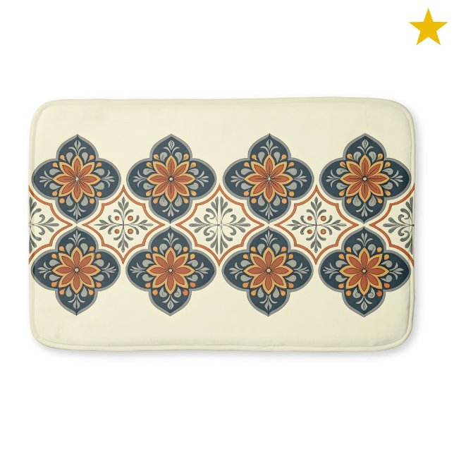 Blauoranges spanisches Fliesen-Blumenmuster  Badematte (Von Creator hochgeladen)