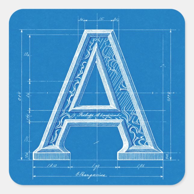 Blaupause-Monogramm Buchstabe A Quadratischer Aufkleber (Vorderseite)