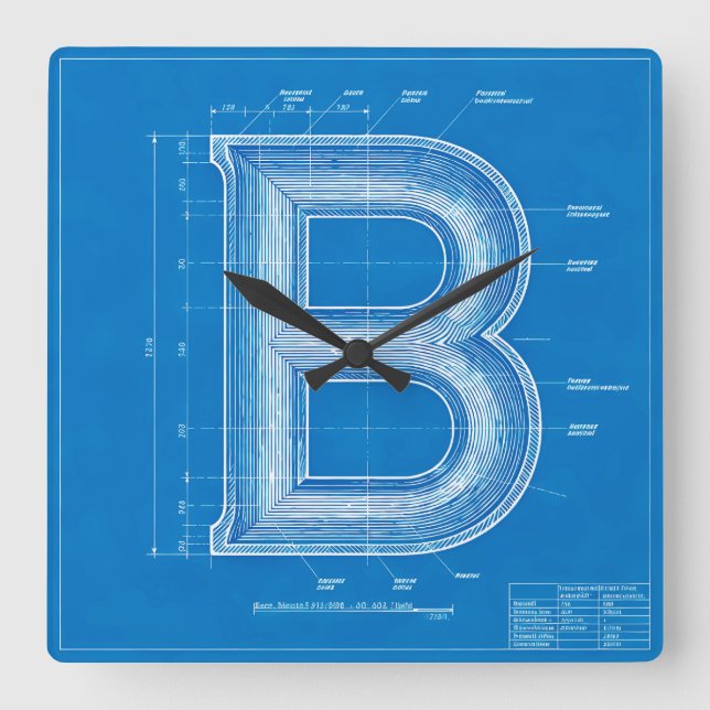 Blaupause-Monogramm Buchstabe B Quadratische Wanduhr (Vorderseite)