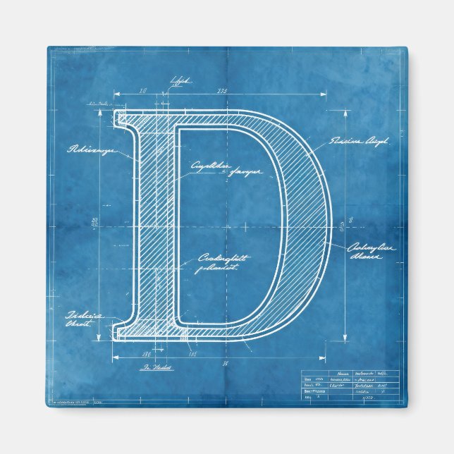 Blaupause-Monogramm Buchstabe D Magnet (Vorne)