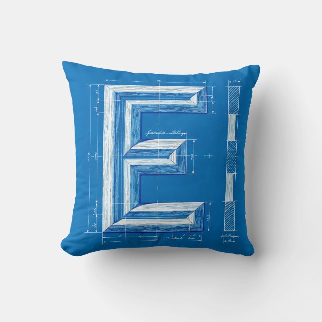 Blaupause-Monogramm Buchstabe E Kissen (Vorderseite)