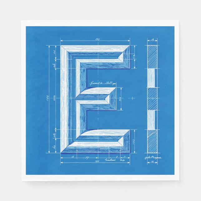 Blaupause-Monogramm Buchstabe E Serviette (Vorderseite)