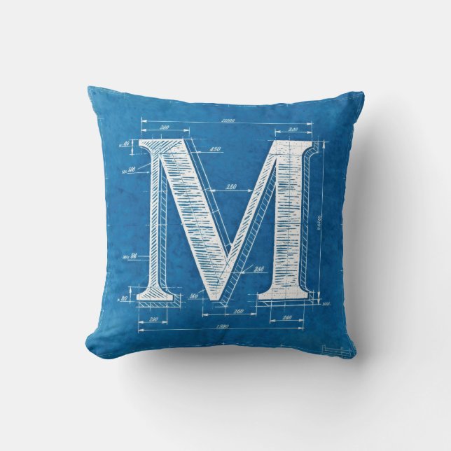 Blaupause-Monogramm Buchstabe M Kissen (Vorderseite)