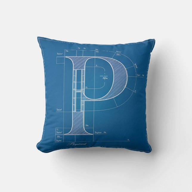 Blaupause-Monogramm Buchstabe P Kissen (Vorderseite)